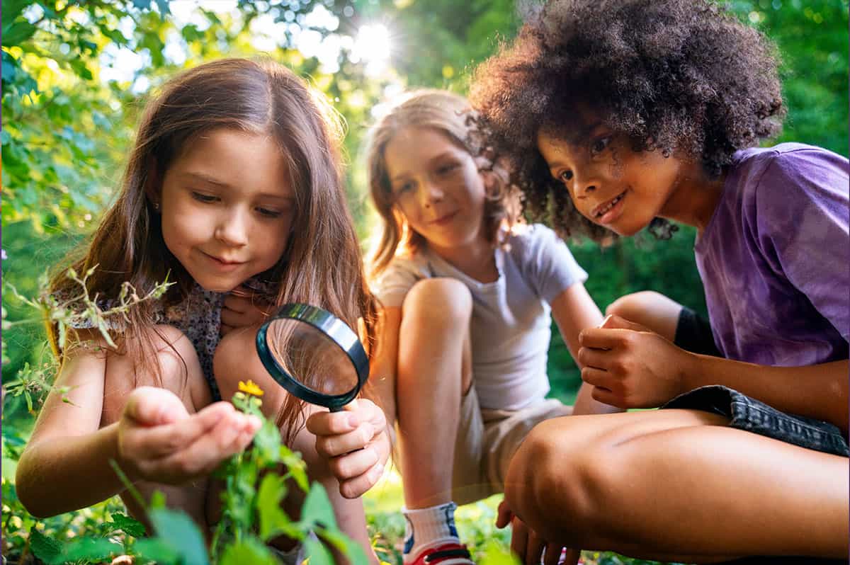 Niños de educación inicial explorando la naturaleza y aprendiendo a través de la observación en Pequeños Encantos