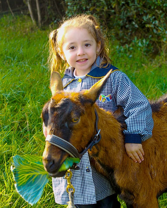 Niña de Pequeños Encantos aprendiendo en contacto con la naturaleza y los animales