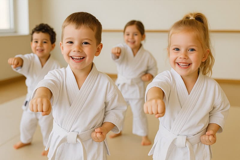 Niños pequeños practicando taekwondo en clase, desarrollando disciplina, coordinación y confianza