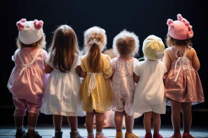 Niños pequeños disfrazados participando en una actividad de teatro infantil sobre un escenario