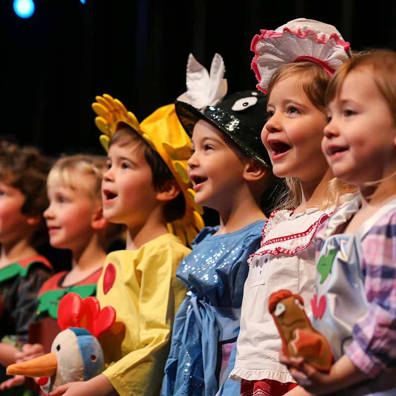 Niños de jardín disfrazados en una presentación escolar en Pequeños Encantos Kindergarten, promoviendo habilidades sociales y creatividad.